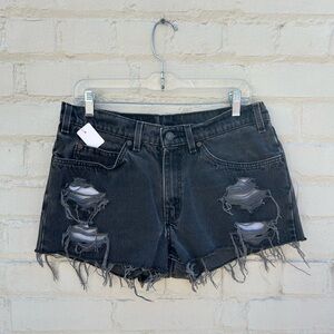 Vintage 1980s Levi's 550 Orange Tab Distressed Faded Black Denim Shorts